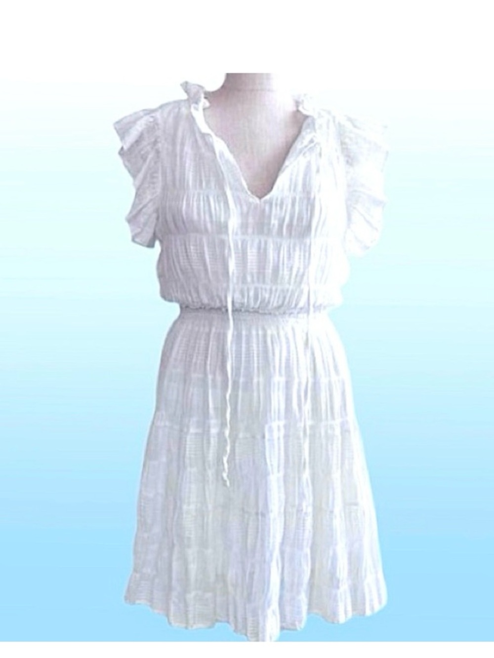 Max Studio- White Gauze Dress with Ruffle Sleeve and hem. Size: small